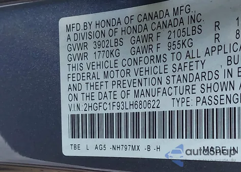 2020 Honda Civic Touring from USA, damaged, VIN 2HGFC1F93LH680622